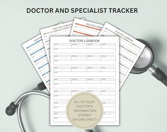 May include: A printable doctor and specialist tracker logbook with a stethoscope on a light blue background. The logbook has a title that says "Doctor Logbook" and the text "All of your doctor's information stored on one sheet!"