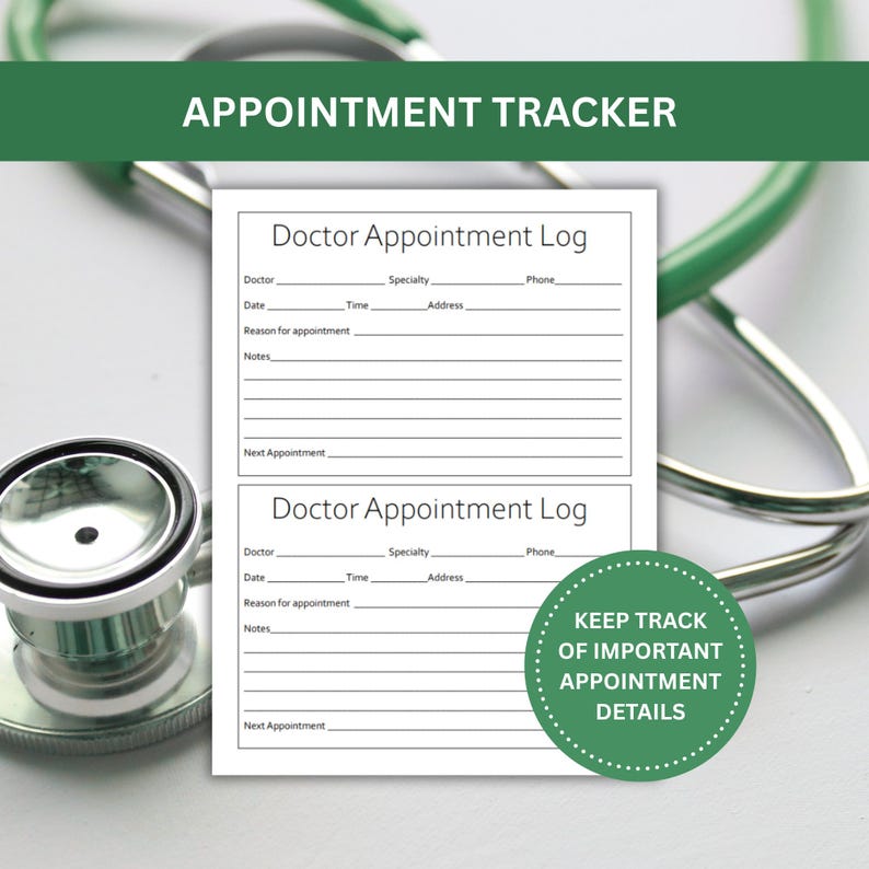 Peut inclure: Un suivi de rendez-vous en papier blanc avec deux sections Doctor Appointment Log comportant des lignes pour le m&eacute;decin, la sp&eacute;cialit&eacute;, le t&eacute;l&eacute;phone, la date, l'heure, l'adresse, le motif, les notes et le prochain rendez-vous. Le texte KEEP TRACK OF IMPORTANT APPOINTMENT DETAILS est visible.
