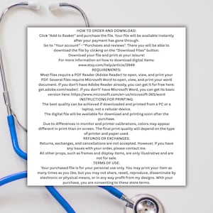 May include: A stethoscope with blue tubing and a silver chest piece is positioned in front of a white background. A white rectangular document with black text provides instructions on how to order and download digital files, including printing instructions and terms of use.
