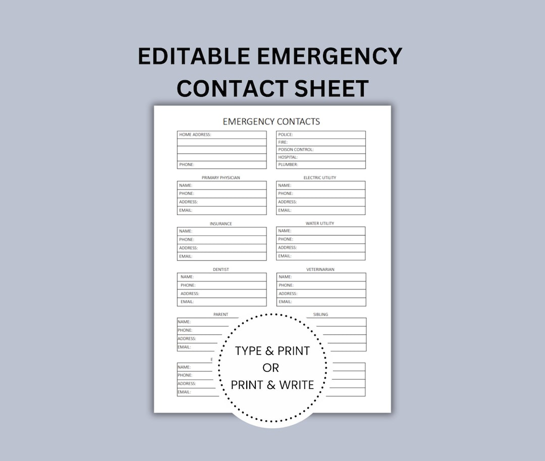 Emergency Contact List Editable Printable,emergency Information ...