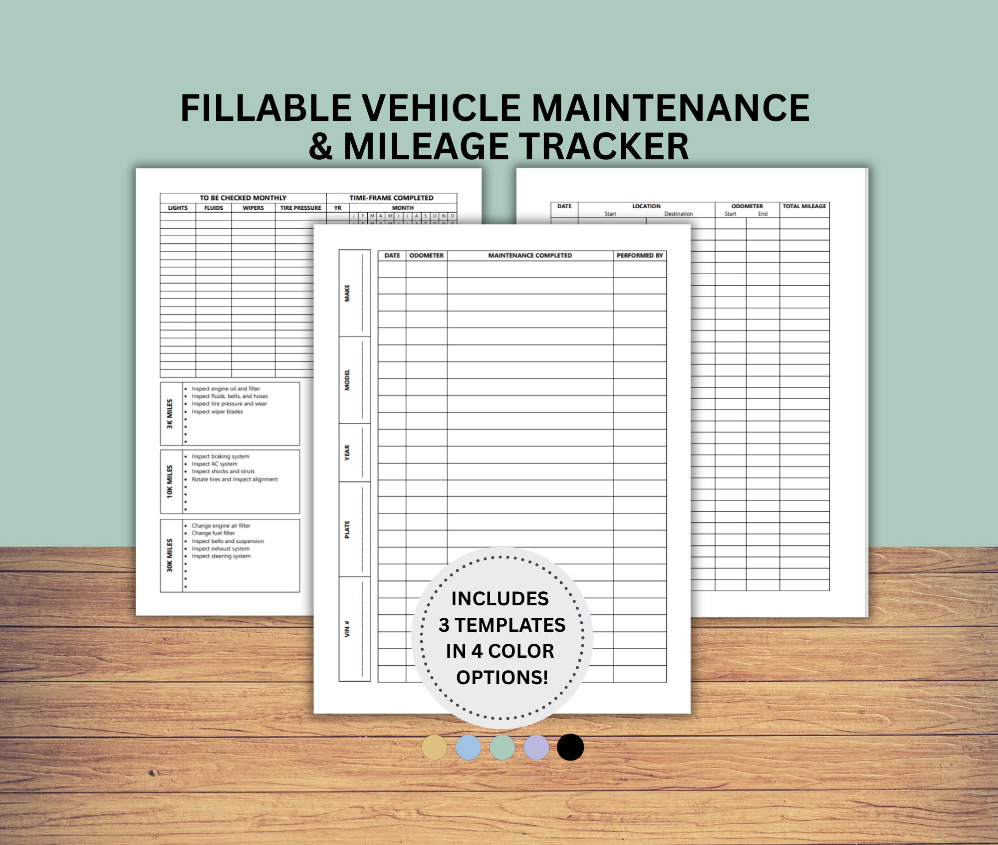 Car, Truck, SUV Maintenance Log, Auto Maintenance Sheet, Work Mileage ...