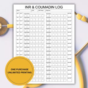 PT INR Log Template, Anticoagulant Log, Blood Thinner Monitoring ...