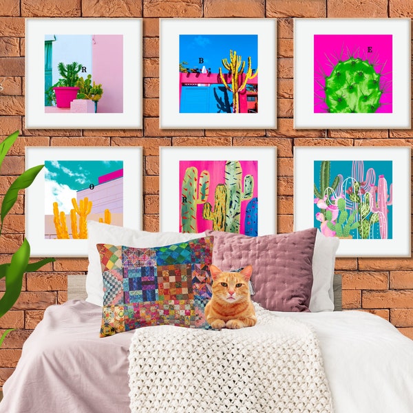 Maximalist Cactus Wall Art Gallery Wall Set of Six Eclectic Decor Art Prints Western Wall Art Desert Prints Pink Cactus Art Print Collection