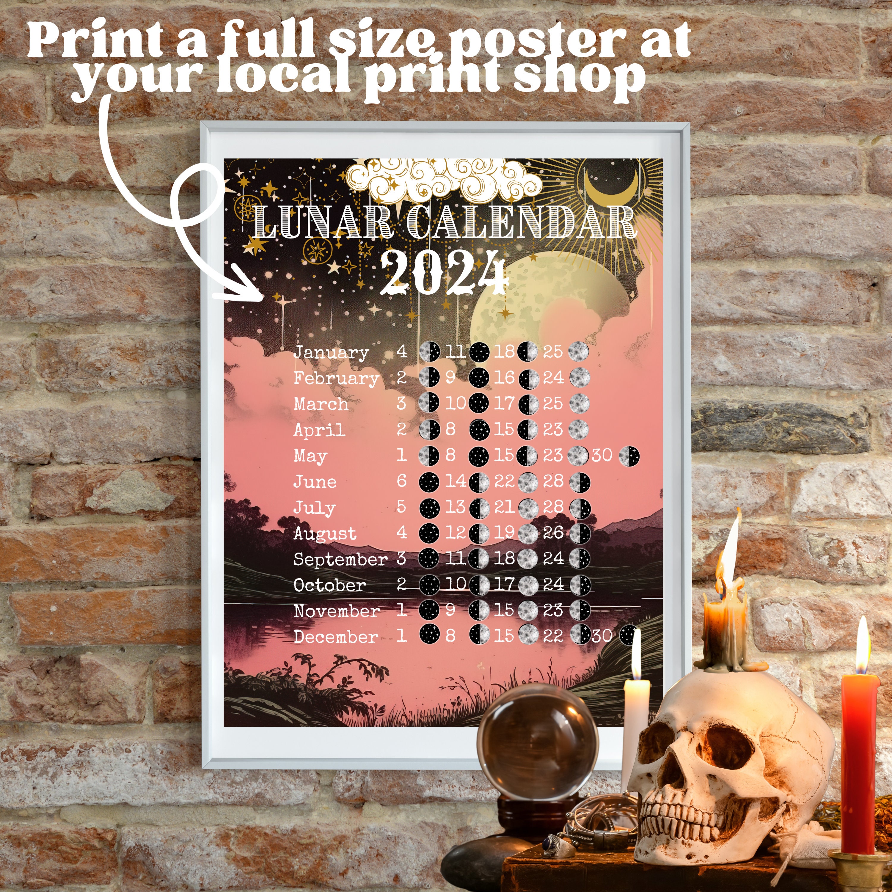 Lunar Calendar 2024 Printable Moon Phase Calendar 2024 Moon Etsy