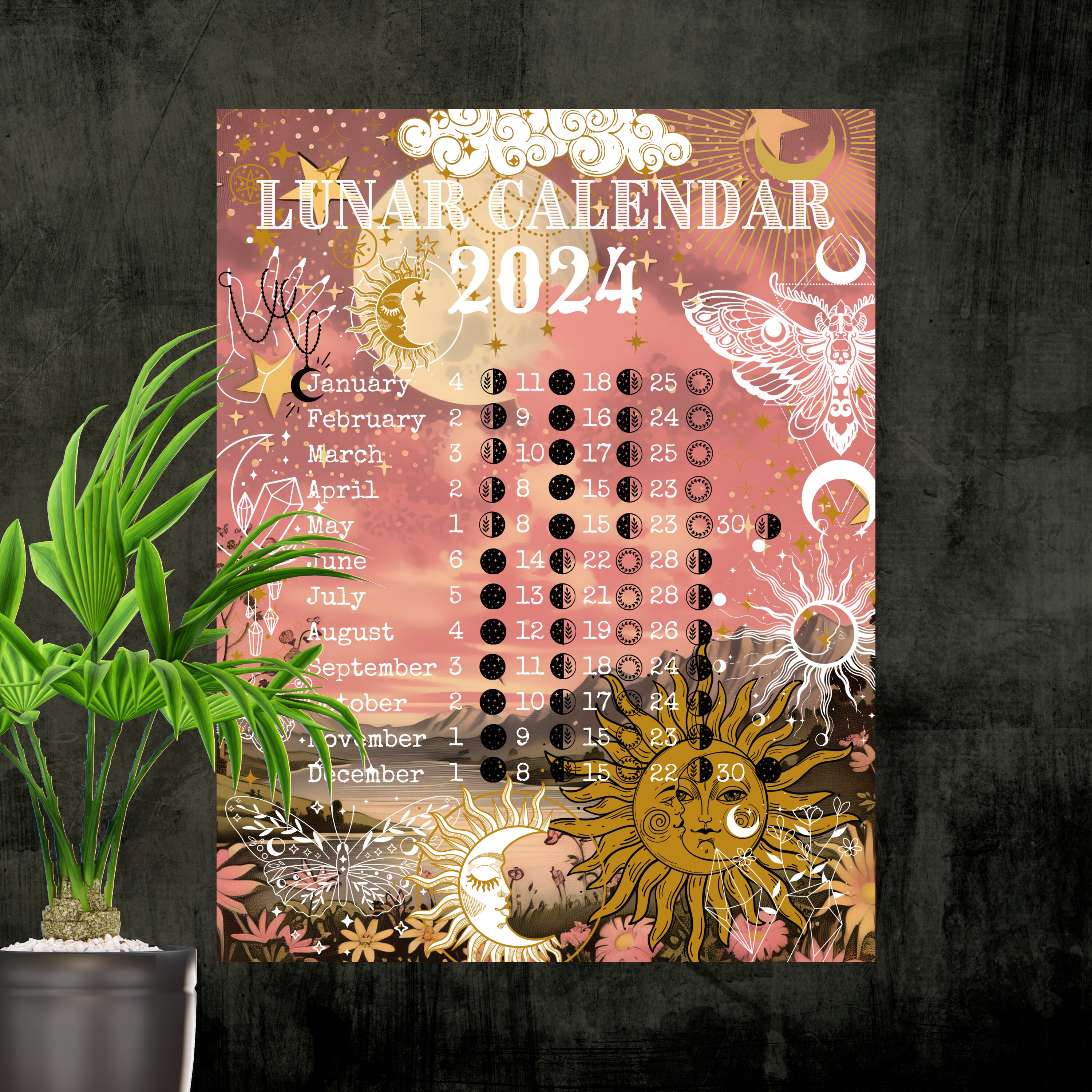Lunar Calendar 2024 Printable Moon Phase Calendar 2024 Moon Etsy