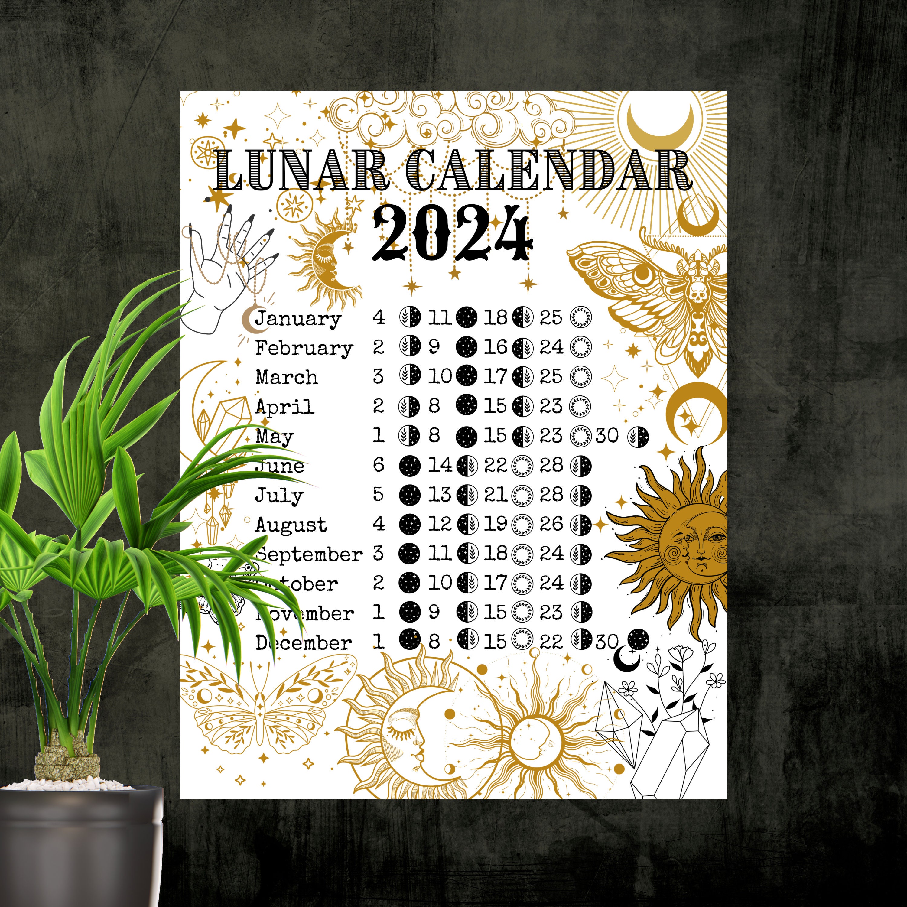 Lunar Calendar 2024 Printable Moon Phase Calendar 2024 Moon Etsy Finland