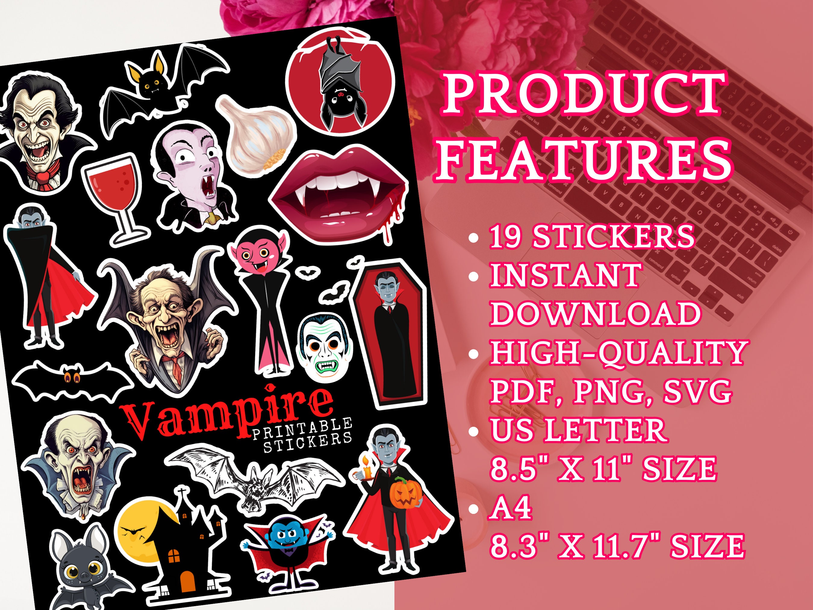 Vampire Stickers Printable Sheet SVG Bundle Halloween Laptop Sticker ...