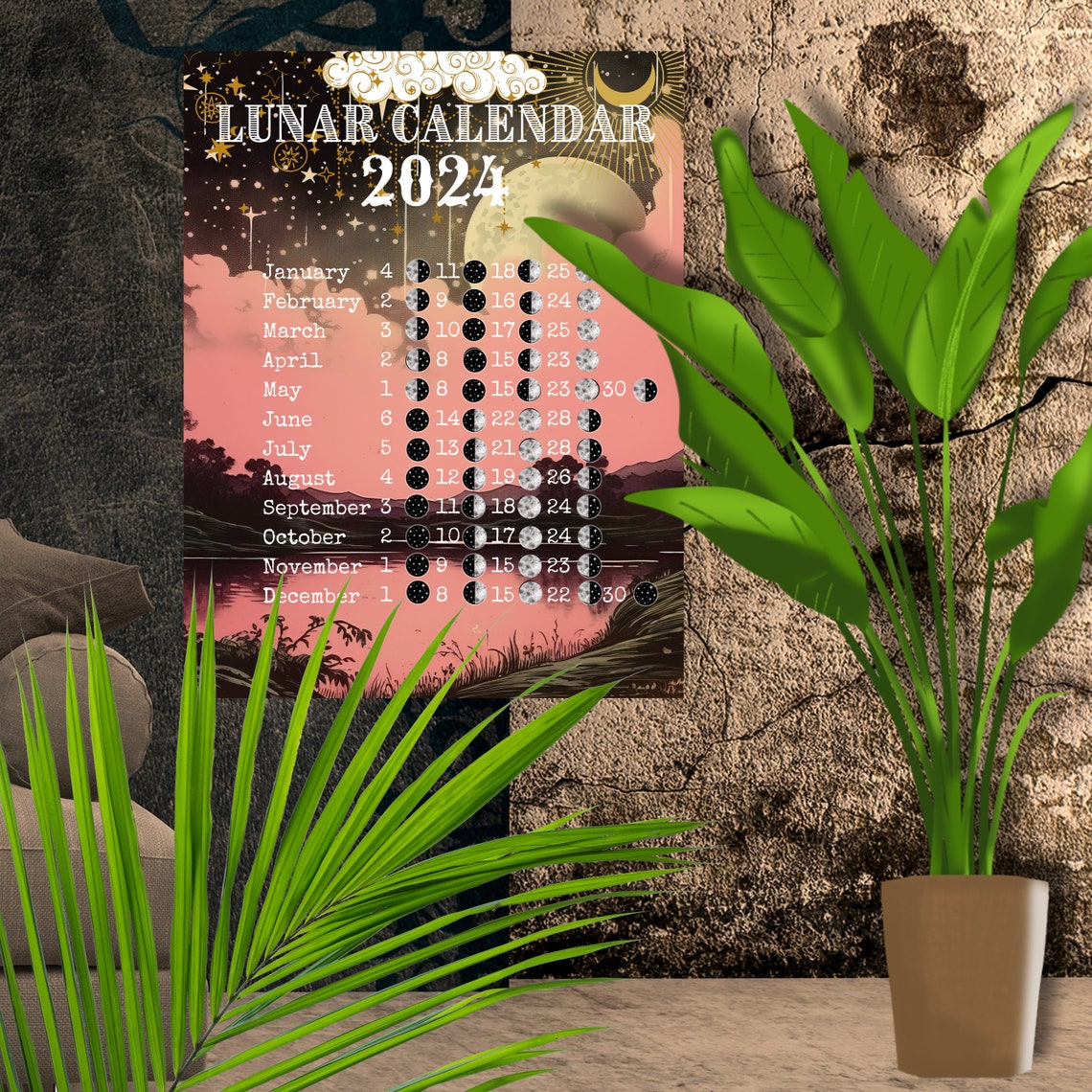 Lunar Calendar 2024 Printable Moon Phase Calendar 2024 Moon Etsy
