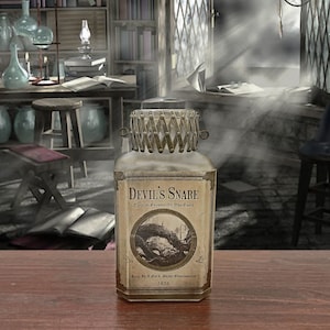 May include: A glass bottle with a cork stopper and a label that reads "Devil's Snare" and "Treacherous Ensnarer All Who Touch". The bottle is sitting on a wooden table with a blurred background of a room with bookshelves and a window.