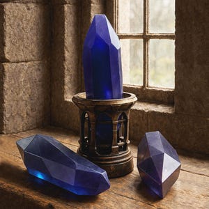 May include: Three faceted, dark blue crystal sculptures. One is upright in a bronze-colored decorative stand, and two are resting on a wooden surface. The crystals have a geometric design and are illuminated with a blue glow.