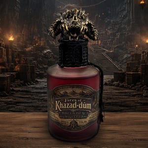 May include: A decorative glass bottle with a red liquid, featuring a detailed gold-colored dragon head stopper. The label reads "Fires of Khazad-dûm" and "7 fl. oz.". The bottle is designed with a fantasy theme.