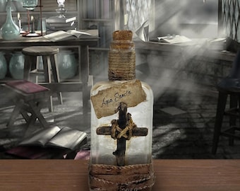 Botella de vidrio de boticario con poción mágica de agua bendita Aqua Sancta: NO contiene agua bendita real.