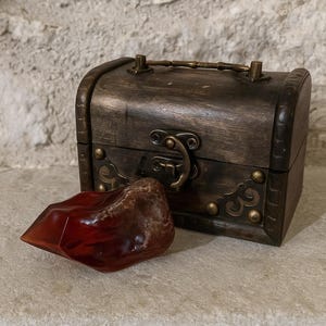 May include: A small, dark wooden treasure chest with brass fittings, including a handle and clasp. Beside it is a large, polished, reddish-brown gemstone. The chest has decorative metal corner accents. The background is textured.