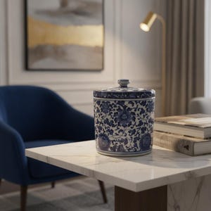 Chinese Blue and White Porcelain Covered Jar, Lotus Scroll Ceramic Canister, Collectible Decorative Lidded Pot