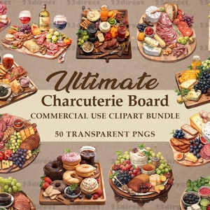 Pacchetto di Clipart di taglieri di salumi / Pacchetto di 50 Clipart di cibo acquerellato per album, diari e inviti / PNG trasparenti a 300 DPI