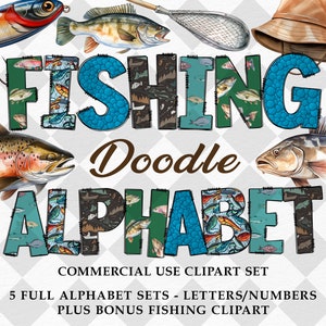Pacote de Alfabeto com Rabiscos de Pesca | Letras de Pesca | 5 Conjuntos Completos de Letras Maiúsculas e Números | PNG Transparente de 300 DPI para Homens | Clipart de Pesca