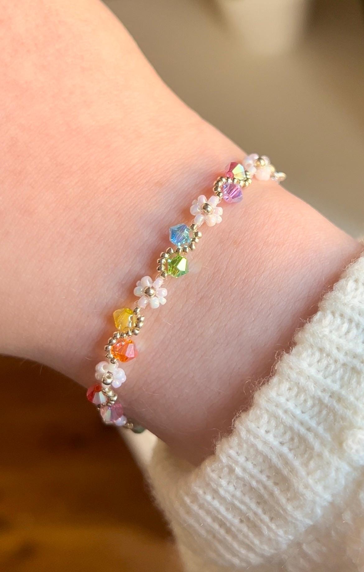 Handmade Rainbow Fairy Flower Bracelet, Sterling Silver Daisy Bracelet with Crystals, LGBTQIA+ Pride Bracelet Gift Nature Fantasy Jewellery