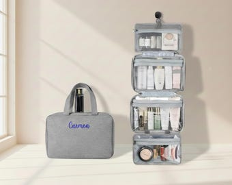 Personalized Waterproof Embroidered Hanging Travel Wash Bag, Customized Hangable Toiletry Bag For Convenient Organization