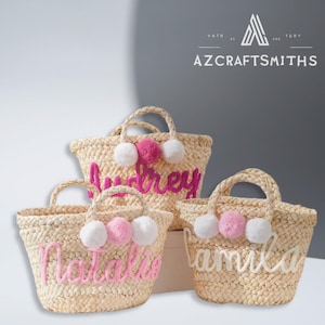 Personalized Straw Basket: Custom Embroidered Monogram Bag with Poms