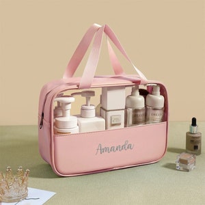 Trousse de toilette personnalisée, Trousse à maquillage, Trousse à cosmétiques de voyage imperméable grande capacité, cuir PU Pink