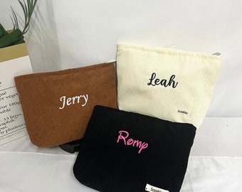 Personalized Embroidery Corduroy Cosmetic Bag, Toiletry Beauty Case, Large Makeup Organizer Bags, Cosmetic Pouch