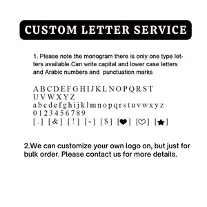 May include: A white background with the text "CUSTOM LETTER SERVICE" in a black banner. The image displays the available font, including uppercase and lowercase letters, numbers, and punctuation marks. The text also mentions custom logo options.