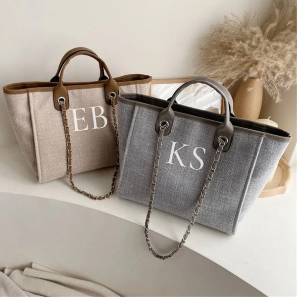 Hellgrau, Beige Monogramm Canvas-Einkaufstasche, Initial Handtasche, Strandtasche, Braut & Geburtstagsgeschenk, Kette Einkaufstasche Sommer