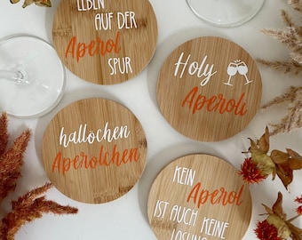 Set of 4 bamboo coasters for glasses, glass coasters, a lovely gift for Aperol lovers, a gift for friends, with Aperol sayings