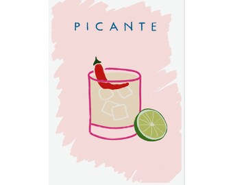 Picante Cocktail Print (A3), Unframed, Cocktail Wall Art, Drinks Print, Pink And Green Colourful Art, Fun Wall Art, Picante Print, Bar