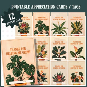 Tarjetas o etiquetas de plantas imprimibles, regalo para amantes de las plantas, juegos de palabras de agradecimiento, higo de hoja de violín, monstera, ave del paraíso, juego de palabras de agradecimiento por las hojas del jardín.