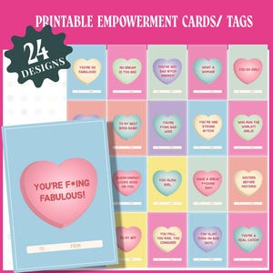 24 Druckbare Karten Set | Herzkarten zur Stärkung von Frauen Mädchen Fierce Strong Empowerment Queen| Geschenkanhänger BFF