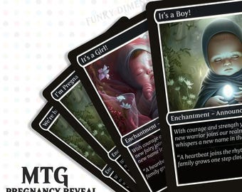 Jeu de cartes Révélation Grossesse MTG - Autres cartes magiques imprimables | Cadeau unique de faire-part de genre pour une fête de naissance en famille, garçon et fille