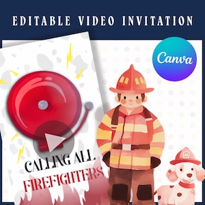 Invitación de cumpleaños editable con video de bombero, invitación con camión, invitación a fiesta de bomberos, invitación animada con foto personalizada k1