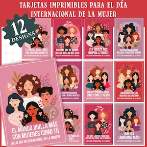 Könnte beinhalten: Eine Sammlung von 12 druckbaren Karten mit Illustrationen von Frauen mit unterschiedlichen Hauttönen und Frisuren, mit floralen Akzenten. Die Karten sind in Rosa- und Rottönen gehalten und enthalten spanischen Text zum Weltfrauentag.