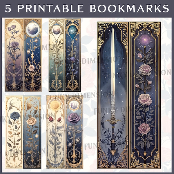 Printable Bookmarks | Rose Sword Magical for Book Lovers, Witchy twilight medieval | ACOTAR inspired Bookmark | Aesthetic for Fantasy reader
