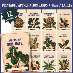 Cartes ou étiquettes imprimables pour amoureux des plantes, merci jeux de mots Monstera oiseau de paradis Alocasia jardin étiquette-cadeau appréciation plante d'intérieur drôle feuille grandir