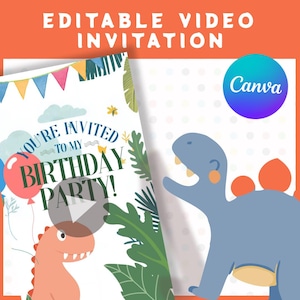 Invitación de video animada de dinosaurio / Clipart editable Invitación de aniversario Tarjeta de cumpleaños Niños Dino Jurassic T-Rex / Evite Canva e-vite