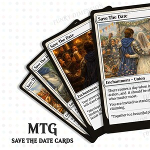 Pode incluir: Uma pilha de cartas MTG "Save The Date". As cartas apresentam ilustrações de uma cena de casamento e uma cena de taberna. As cartas têm uma borda branca e verso preto. O texto "Save The Date" é visível.