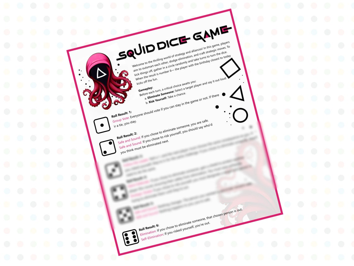 Squid Dice Game Party Games Family Game Night Squid Game Show Printable ...