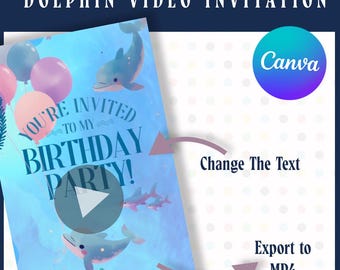 Animierte Delfin-Videoeinladung mit Bild, bearbeitbare Poolparty-Einladung (Canva), Ozean, für Kinder jeden Alters, personalisierte Unterwasser-Einladung (mp4, mobil)