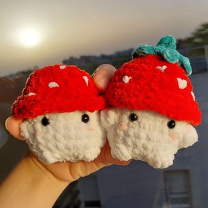 Amigurumi - small soft squishy handmade crochet mushroom and strawberry mushroom