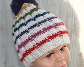 Kindermütze gestrickt Strickmütze Mädchen Mädchenmütze Kinder gestreift Alpaka/ Schurwolle childrens hat beanie bunt Bommelmütze Geschenk