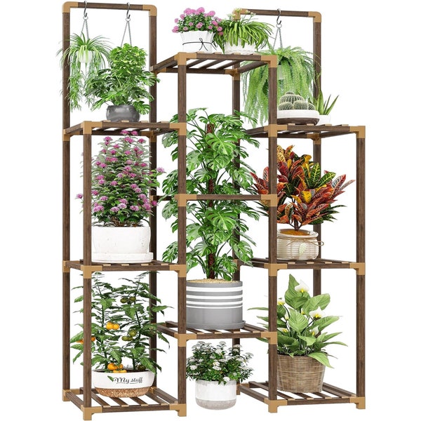 Plant Stand Indoor Plant Shelf Wood Plant Shelves Plant Stands for Multiple Plants with 8 Potted Plant Holder Load-Bearing 360 LBS