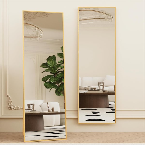 Beveled Edge Full Length Floor Mirror, 59" x 16" Free Standing Hanging or Leaning Body Wall-Mounted Dressing Mirror Bedroom, Bathroom, Gold