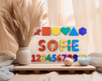 Personalized Name Puzzle, Handmade Wooden Toys, Kids Name Puzzle, Perfect Kids Activity Wooden Busy Board with Shapes and Number