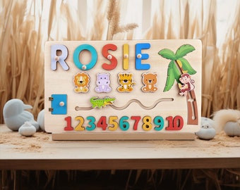 Busy Board Montessori Personnalisable - Puzzle Sensoriel en Bois avec Prénom Gravé, Parfait pour Cadeau de Naissance ou Premier Noël