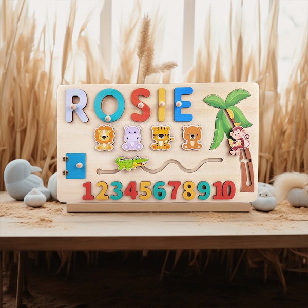 Busy Board Montessori Personnalisable - Puzzle Sensoriel en Bois avec Prénom Gravé, Parfait pour Cadeau de Naissance ou Premier Noël