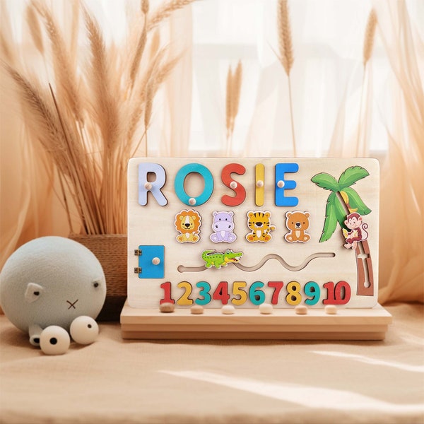 Montessori Name Puzzle, Name Puzzle for Toddler, Personalized Puzzle, Unique Activity Wooden Board Toy with Animals and Numbers