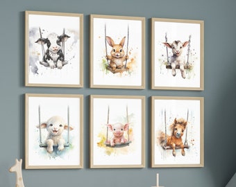 Farm Animal Nursery Room Wall Art Swinging Farm Animals 10 Prints Smiling Animals for Nursery Farm Theme Cow Horse Duck Chicken Piglet Bunny