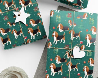 Christmas Beagles Wrapping Paper, Holiday Gift Wrap with Beagle Dogs and Presents, Cute Dog Christmas Gift Wrap